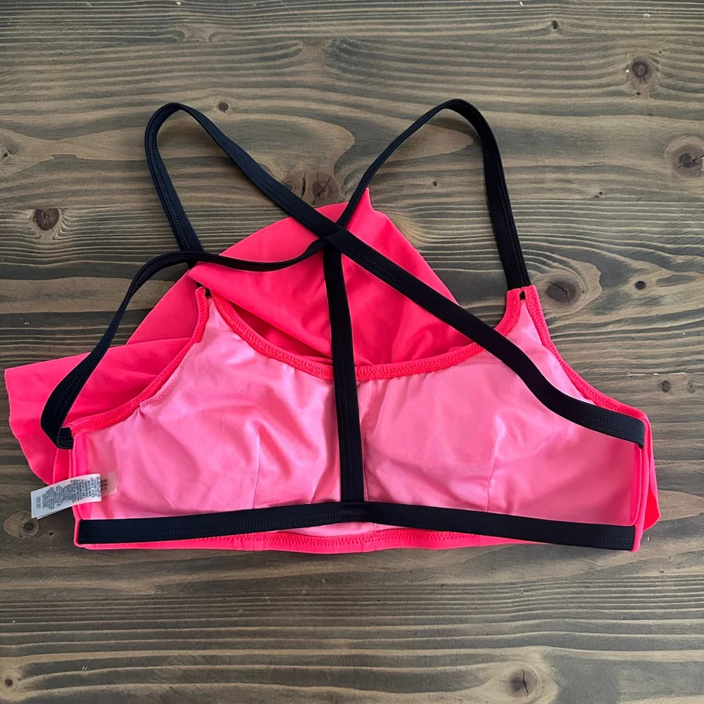 Women’s VS PINK Ruffle Bikini Top M Pink Black Criss Cross Y2K Cute